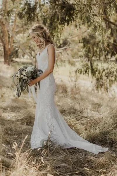 women's evening dressesSexy Mermaid Lace Beach Wedding Dresses Boho Backless Long Wedding Gown N2595