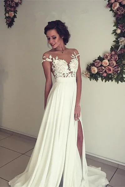 women's sustainable dressesIvory Chiffon Short Sleeves Lace Appliqued Long Beach Wedding Dresses