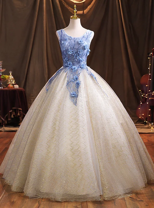 women's high-low dressesChampagne Tulle Sequins Blue Appliques Quinceanera Dresses