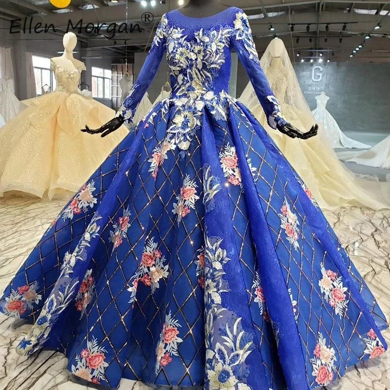 women's breathable dressesBlue Long Sleeves Lace Beads Pearls Vintage Formal Ball Dress