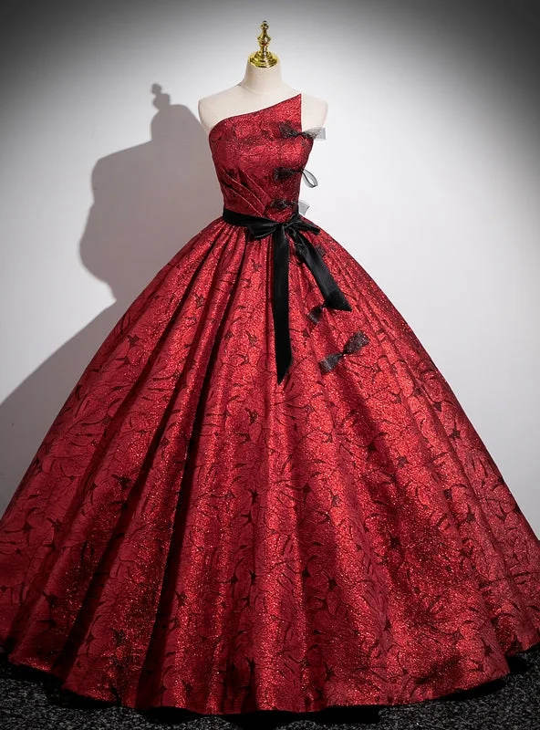 women's boho dressesBurgundy Ball Gown Strapless Bow Quinceanera Dress