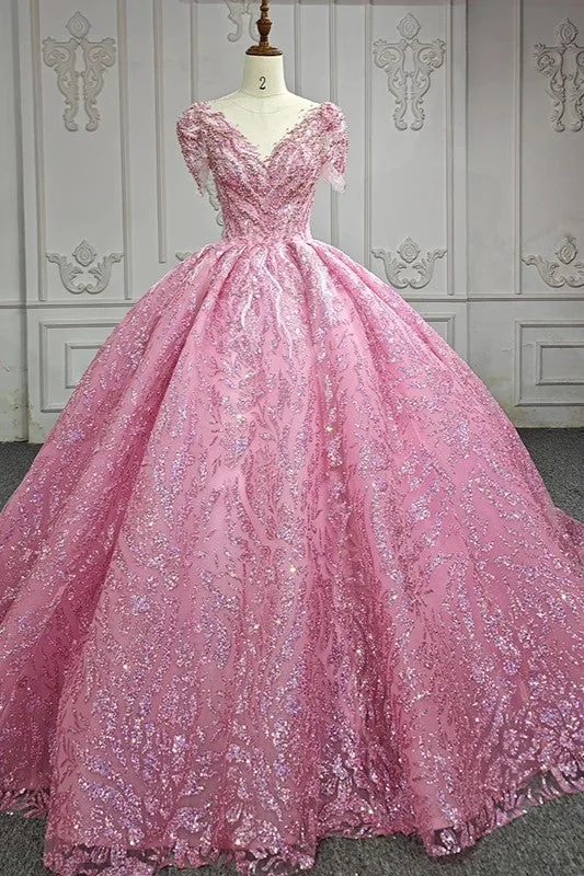 Peplum DressExquisite Beading Quinceanera Dresses V-neck Short Sleeves Ball Gown