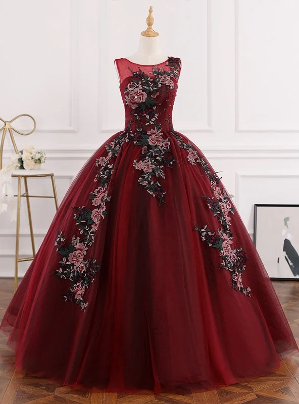 women's minimalist dressesBurgundy Ball Gown Tulle Appliques Quinceanera Dress