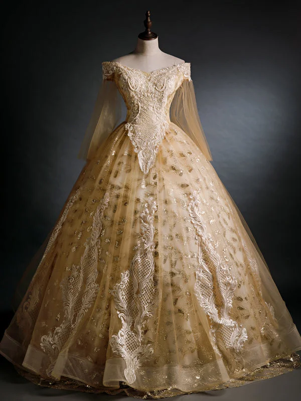 women's formal dressesGold Tulle Sequins Appliques Beading Quinceanera Dress