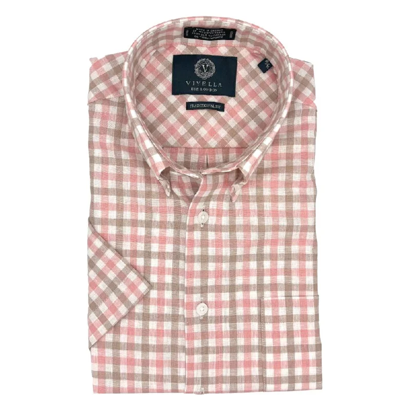 Comfortable Men's Flannel ShirtsLinen and Cotton Short Sleeve Sport Shirt in Coral and Beige Plaid by Viyella Comfortable Men's Flannel ShirtsLinen and Cotton Short Sleeve Sport Shirt in Coral and Beige Plaid by Viyella