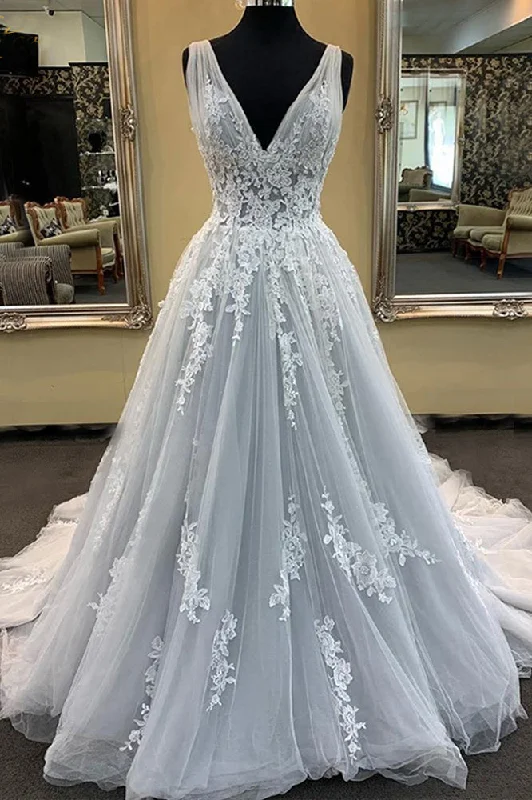women's short-sleeved dressesPuffy V-Neck Sleeveless Tulle Wedding Dresses Appliques Long Bridal Dresses N2275