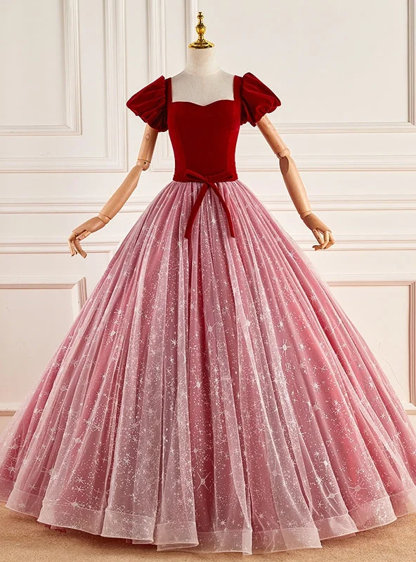 Tulle DressBurgundy Velvet Square Short Sleeve Quinceanera Dress