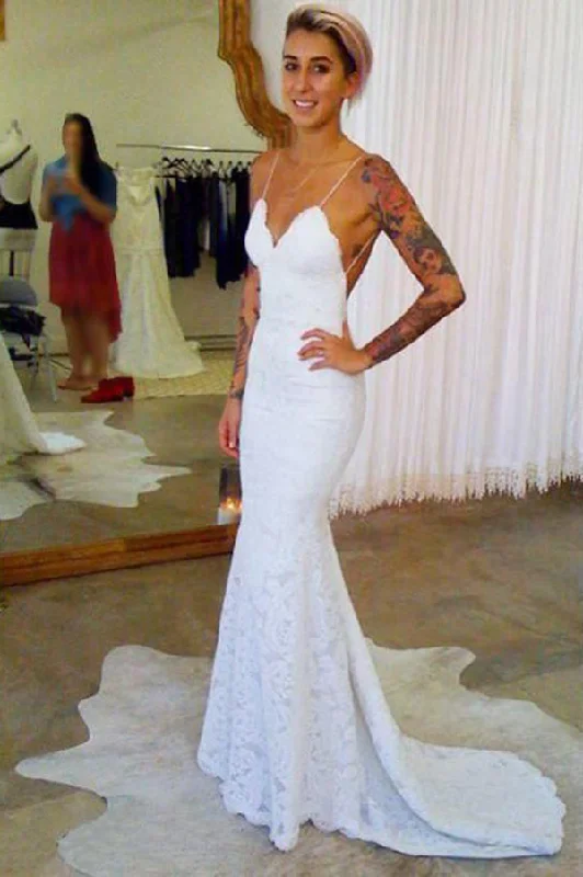 women's everyday dressesSpaghetti Strap Lace Mermaid  Long Wedding Dresses Lace Bridal Dresses N1087