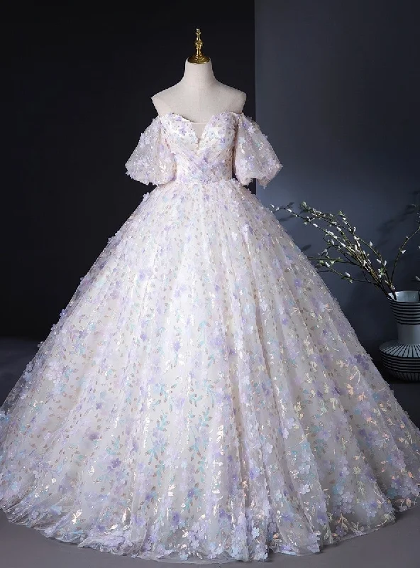 Asymmetric DressChampagne Tulle Flower Puff Sleeve Quinceanera Dress