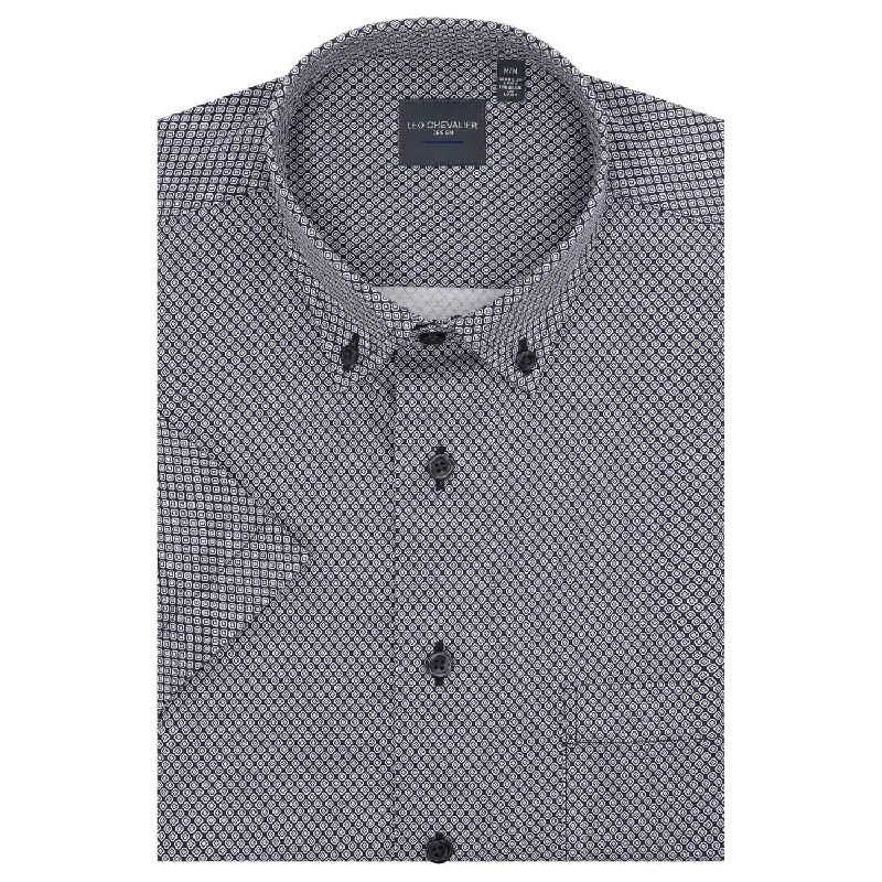 Men's Skinny-Fit Shirts for a Trendy LookNavy Geometric Print Knit Short Sleeve Sport Shirt with Button Down Collar by Leo Chevalier Men's Skinny-Fit Shirts for a Trendy LookNavy Geometric Print Knit Short Sleeve Sport Shirt with Button Down Collar by Leo Chevalier