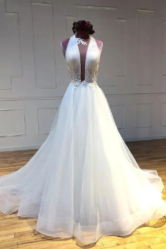 women's checkered dressesHalter Long Train Tulle Wedding Dresses A Line Sleeveless Bridal Dresses N2653