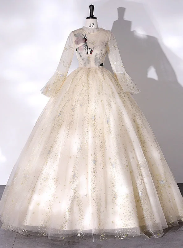 women's velvet dressesChampagne Tulle Sequins Long Sleeve Embroidery Quinceanera Dress