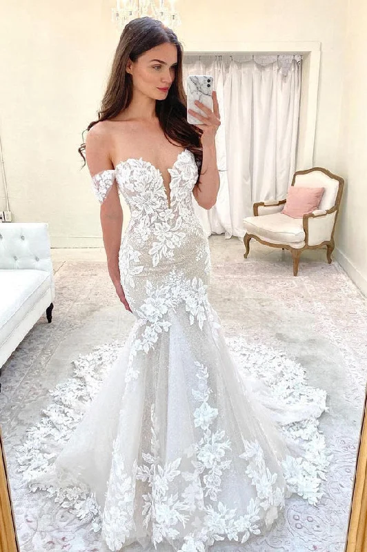 Tea-Length DressOff-the-shoulder Mermaid Sweetheart Lace Wedding Dresses N129