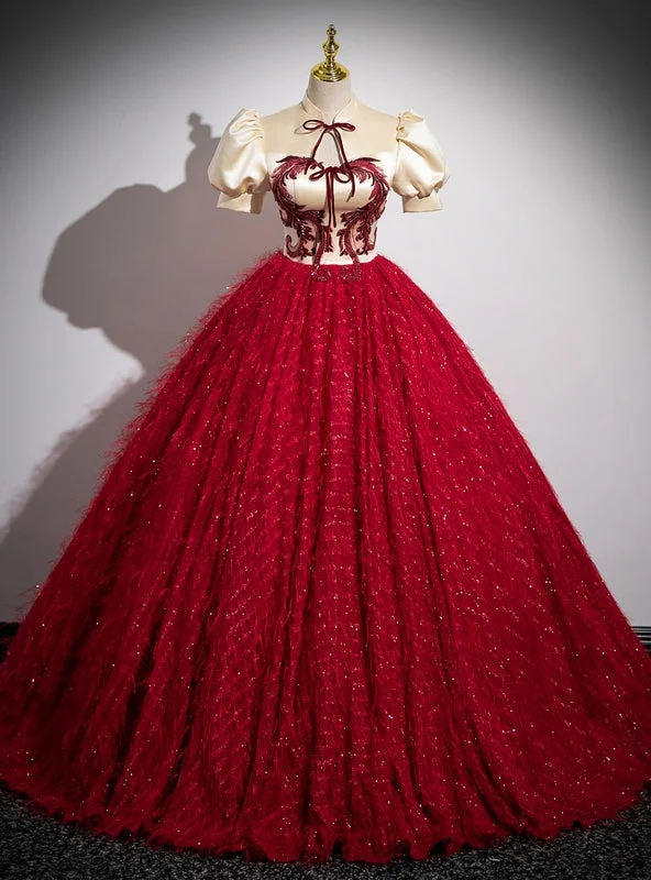 women's retro dressesBurgundy Ball Gown Puff Sleeve Quinceanera Dress