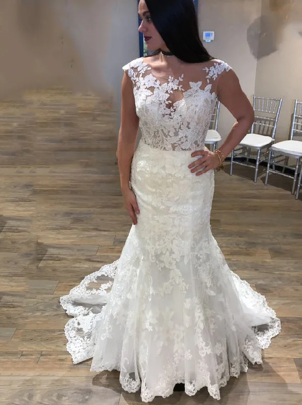 women's empire waist dressesMermaid Crew Neck Cap Sleeves Wedding Dress With Appliques OW477