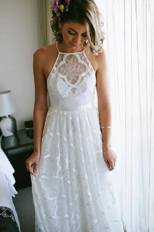 Party DressA Line Halter Sleeveless Lace Open Back Beach Wedding Dresses