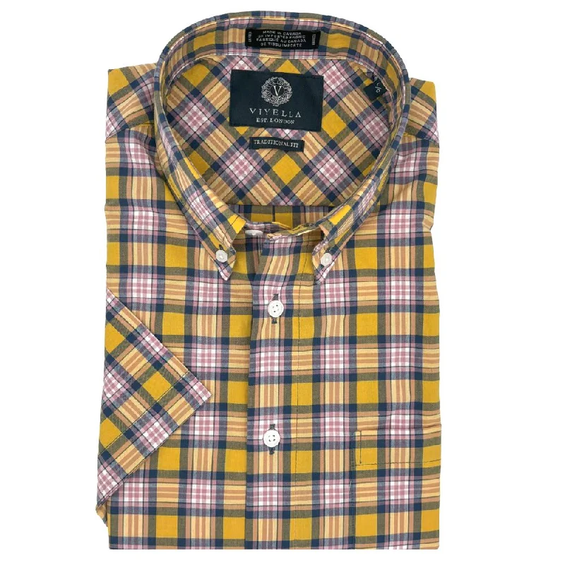 Men's Versatile Dress Shirts for Multiple OccasionsYellow, Navy, and Pink Plaid Short Sleeve Stretch Cotton Sport Shirt by Viyella Men's Versatile Dress Shirts for Multiple OccasionsYellow, Navy, and Pink Plaid Short Sleeve Stretch Cotton Sport Shirt by Viyella