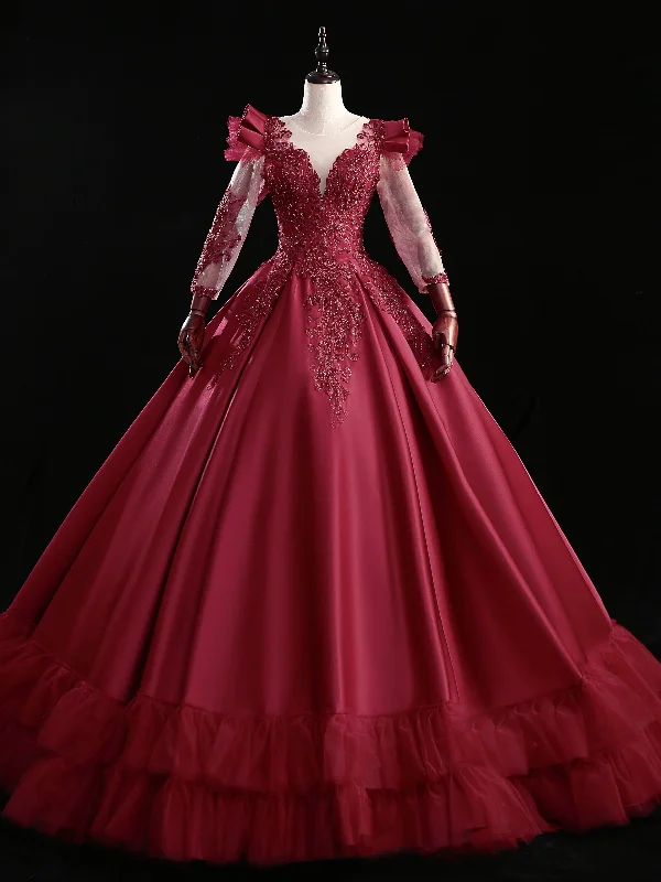 women's easy-to-wear dressesBurgundy Satin Long Sleeve Beading Quinceanera Dress