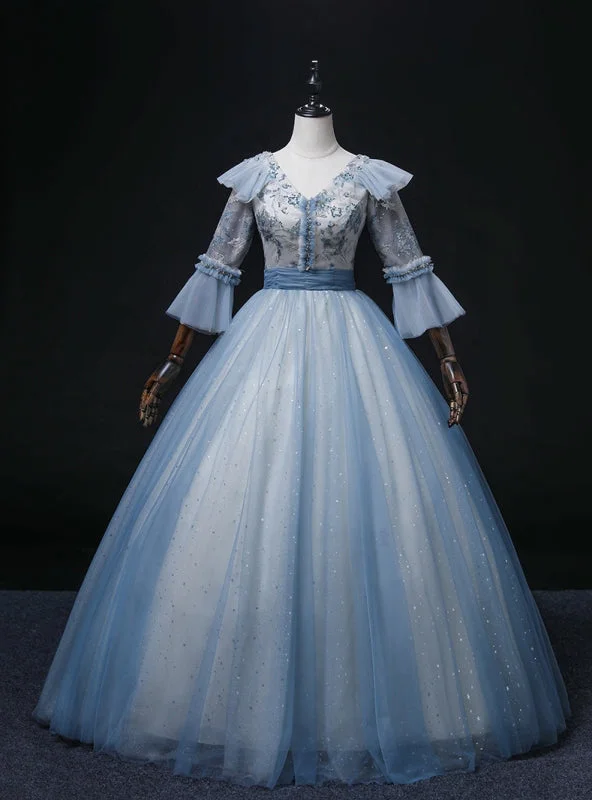 Bohemian DressBlue Tulle Sequins Embroidery Short Sleeve Quinceanera Dress