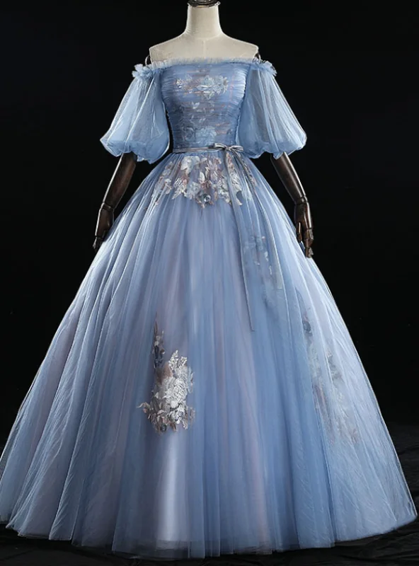 Casual DressDiscover The Latest Gray Blue Ball Gown Tulle Puff Sleeve Appliques Quinceanera Dress