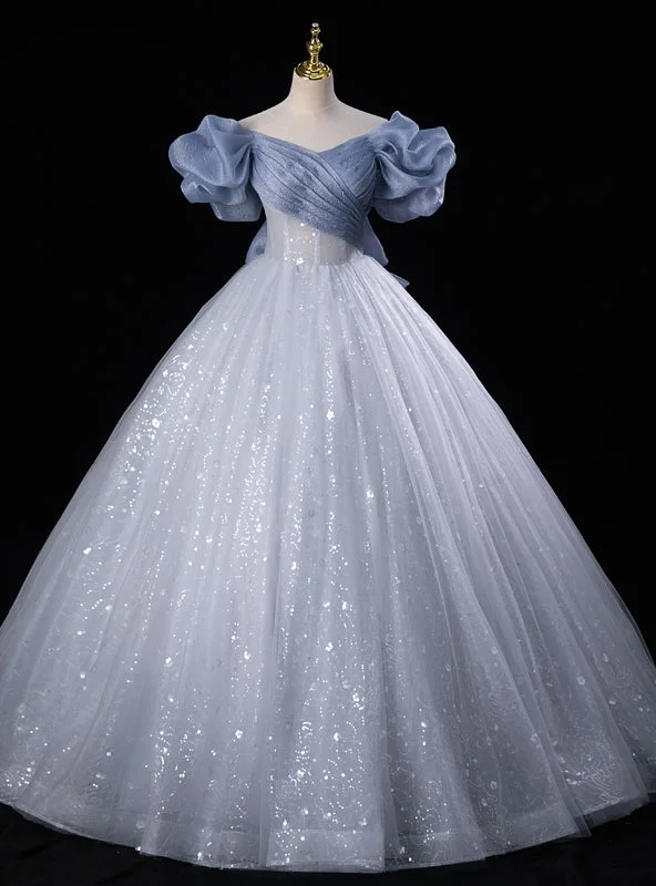 women's cocktail dressesBlue Tulle Sequins Off the Shoulder Bow Quinceanera Dress