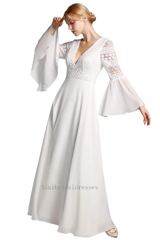 Pastel DressCharming V-Neck Long Sleeves Lace Chiffon Beach Wedding Dress Bridal Gowns Y0134