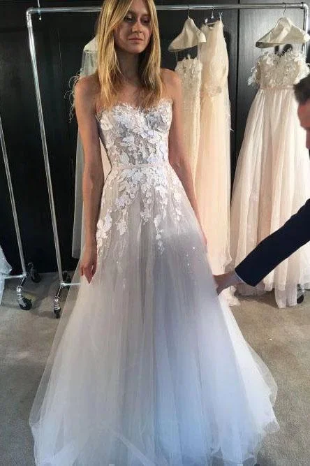 women's smart casual dressesIvory Strapless Tulle Long Beach Wedding Dresses Sexy Lace Appliqued Bridal Dresses N2402
