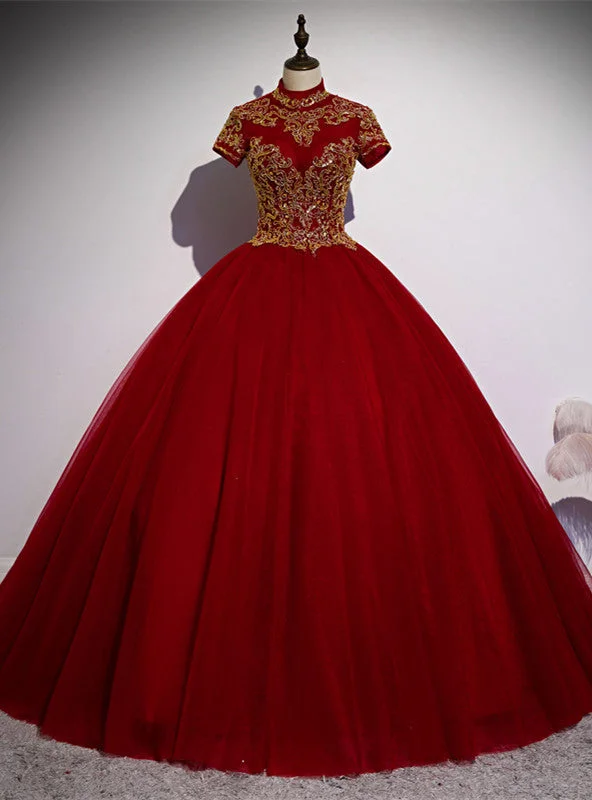 Empire DressBurgundy Tulle High Neck Short Sleeve Quinceanera Dress