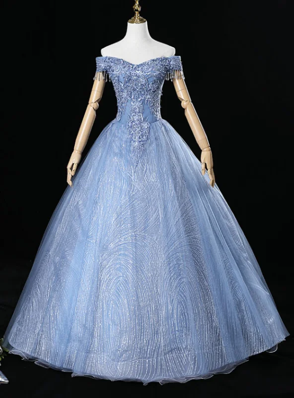 Tulle DressFor The Very Best In Unique Or Custom. Blue Ball Gown Tulle Sequins Off the Shoulder Beading Quinceanera Dresses