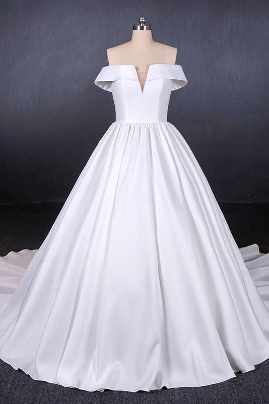 Mermaid DressPuffy Off the Shoulder Satin Wedding Dresses Ball Gown Long Bridal Dresses with Long Train N2286
