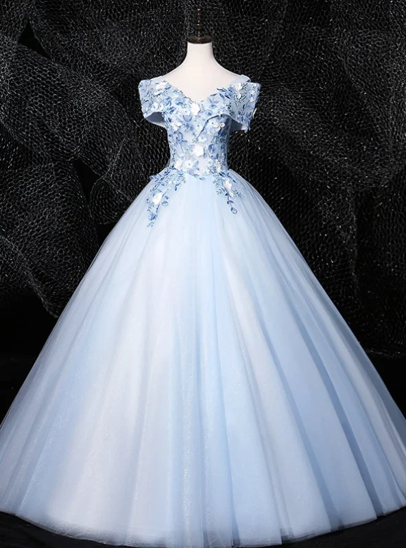 Evening DressDiscover The Latest Sky Blue Ball Gown Tulle Appliques Off the Shoulder Quinceanera Dress