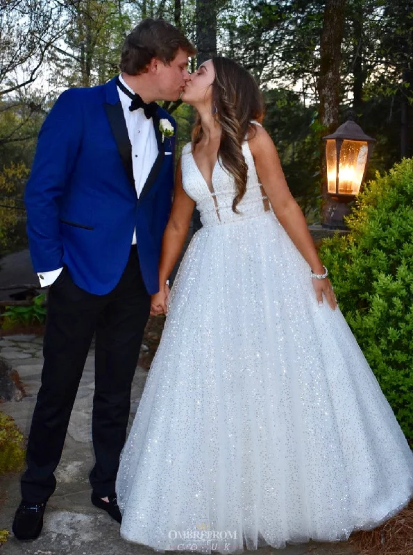women's travel dressesSparkly Tulle A Line V Neck White Backless Sequin Wedding Dress OW373