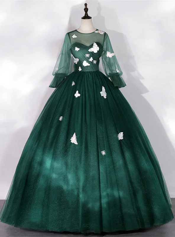 women's breathable dressesDark Green Tulle Butterfly Appliques Bell Sleeve Quinceanera Dress