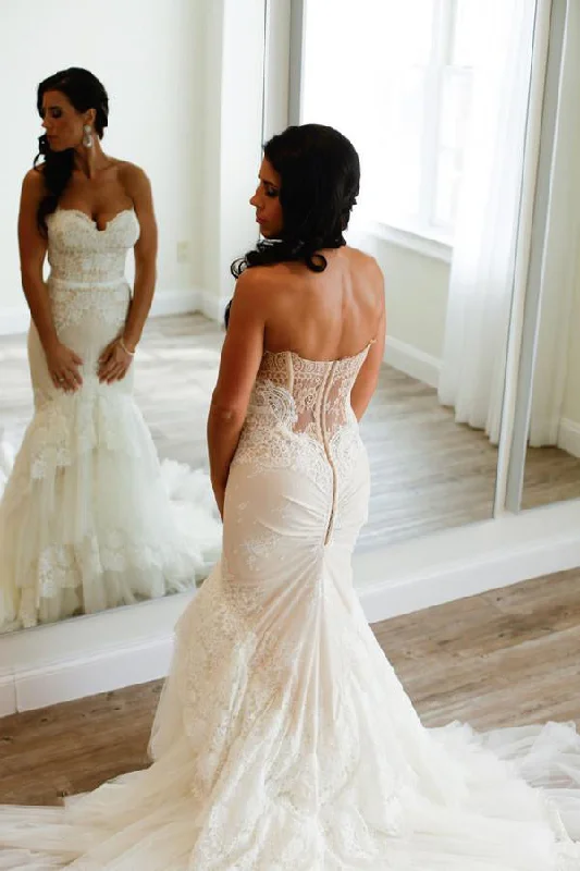 women's stretchy dressesSweetheart Mermaid Backless Tiered Lace Tulle Wedding Dresses with Sweep Train