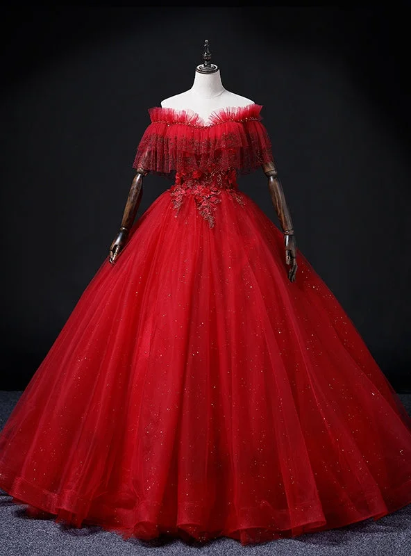 Peplum DressBurgundy Tulle Off the Shoulder Beading Appliques Quinceanera Dress