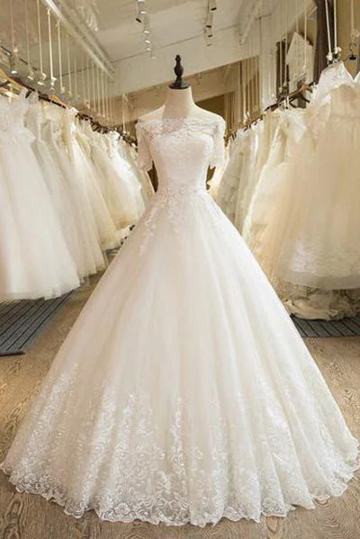 Glamour DressFloor Length Puffy Wedding Dresses Off-the-shoulder Ball Gown Lace Ivory Bridal Gown N1255