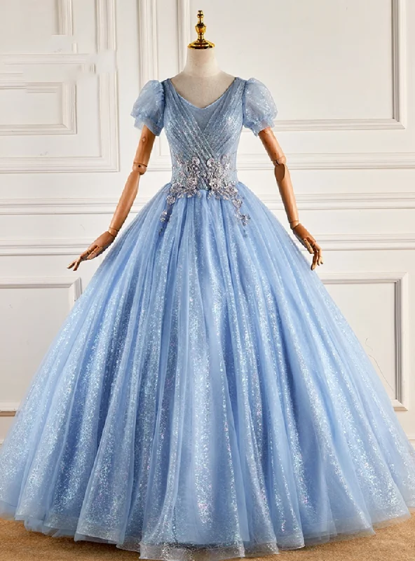 Jersey DressBlue Tule Sequins Short Sleeve Quinceanera Dress