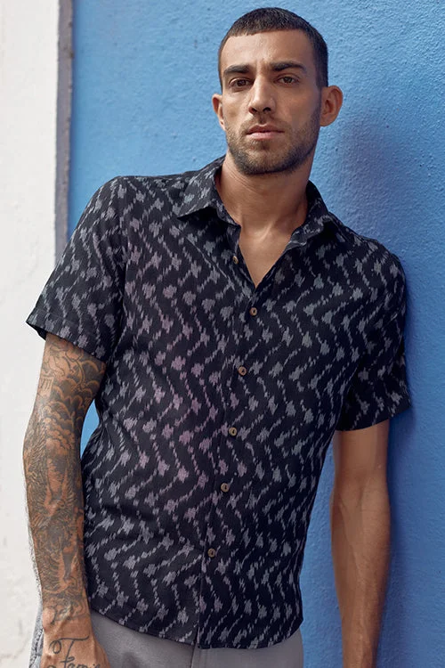 Men's Iron-Free Shirts for Wrinkle-Resistant WearOkhai 'Black Carnation' Pure Cotton Hand Woven Ikat Half Sleeves Shirt