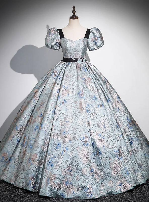Wedding DressBlue Print Short Sleeve Sequare Neck Quinceanera Dress
