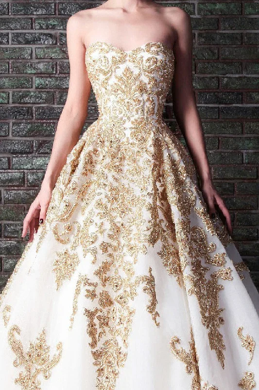 Custom DressGorgeous Sweetheart with Gold Beading Appliques Tulle Wedding Dresses N1454