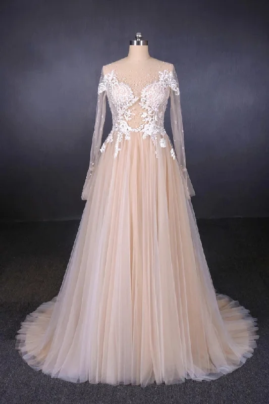 women's versatile dressesSexy Sheer Neck Long Sleeves Tulle Wedding Dresses Charming Tulle Bridal Dresses with Lace N2307