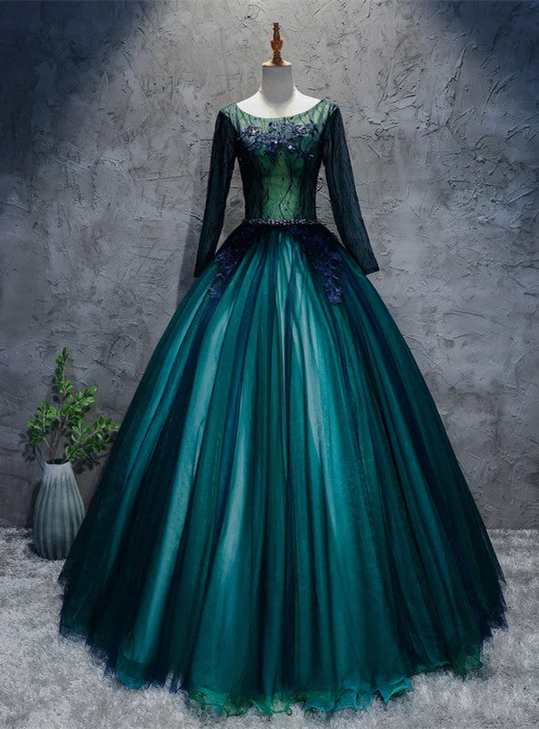 women's lightweight dressesDark Green Tulle Long Sleeve Appliques Quinceanera Dress