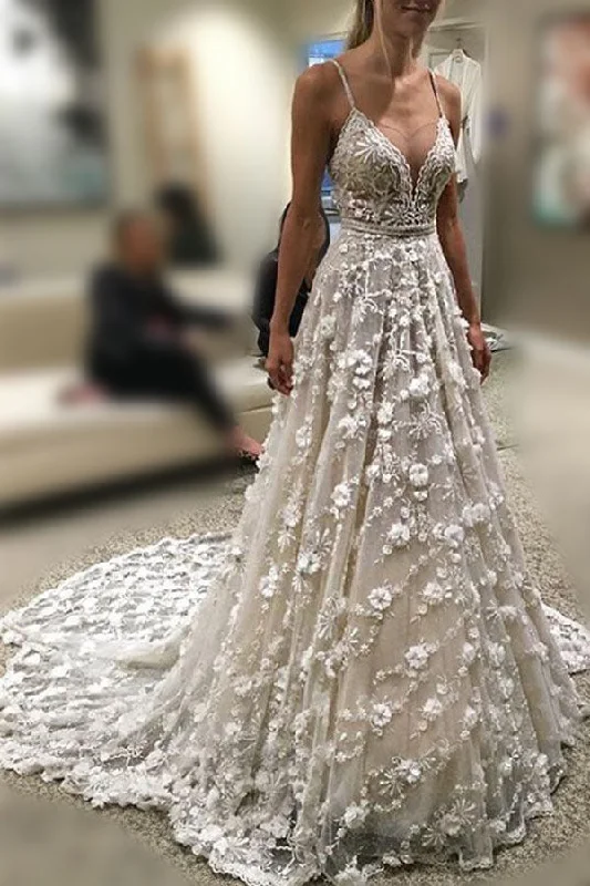 women's affordable dressesStunning Deep V Neck Spaghetti Straps Lace Backless Wedding Gown N628