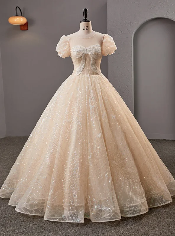 women's floral dressesChampagne Tulle Sequins Puff Sleeve Backless Quinceanera Dress