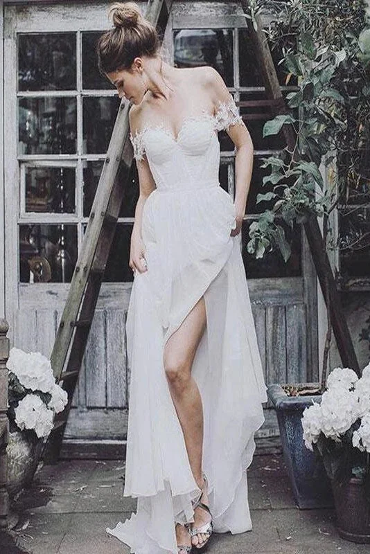 women's tall dressesOff the Shoulder Chiffon Beach Wedding Dresses Long Bridal Dresses N2427