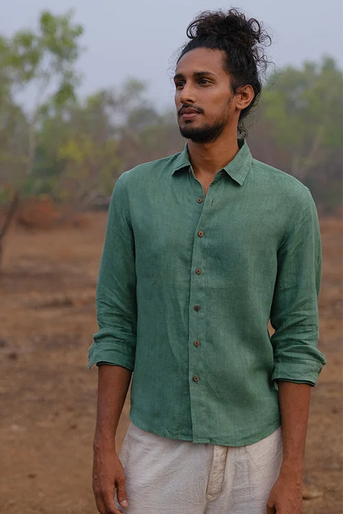 Men's Geometric Print Shirts for a Modern TwistOkhai 'Leafy Affair' cotton Linen Blend Hand Embroidered Full Sleeves Shirt