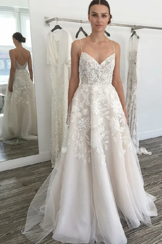 women's wedding guest dressesA Line Ivory Spaghetti Straps Backless Tulle Lace Beach Wedding Dresses N587