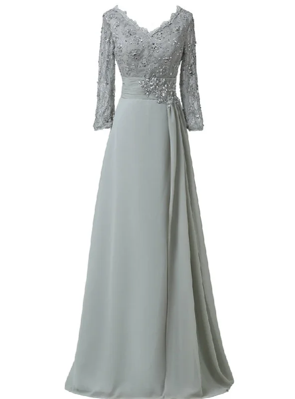 women's curve-hugging dressesChiffon Lace 3/4 Sleeve Double V Neck Grey Beading Mother of the Bride Dresses