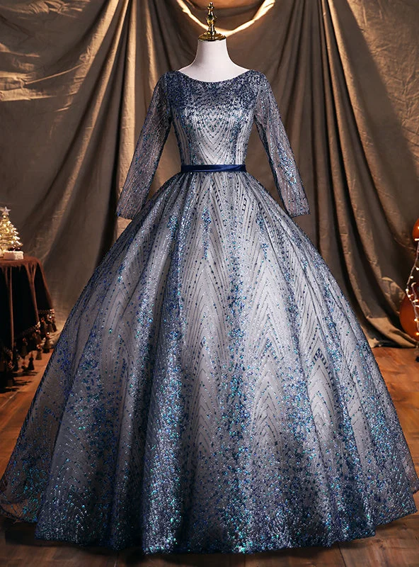 Glamour DressBlue Tulle Sequins Long Sleeve Quinceanera Dresses