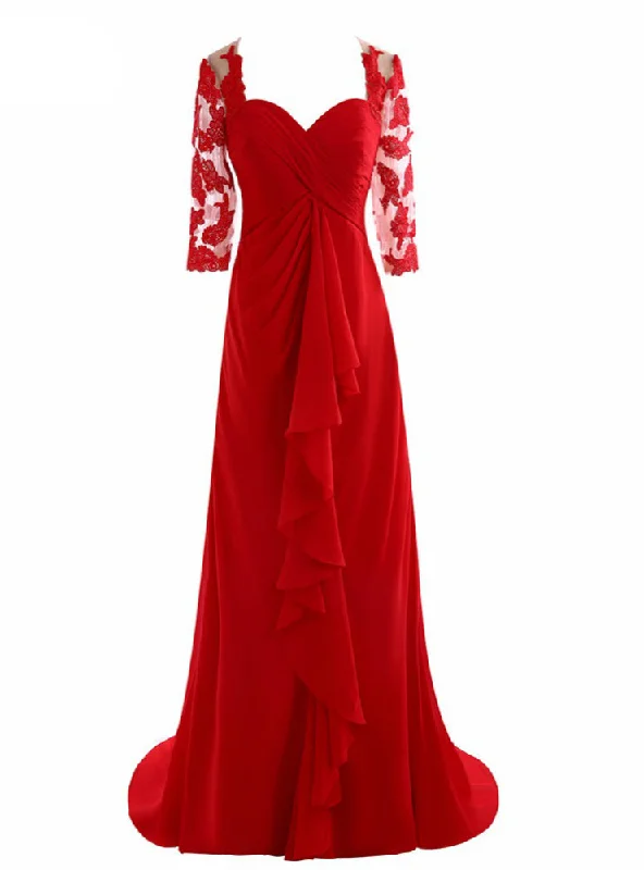 Fit-And-Flare DressElegant Half Sleeve Chiffon Pleat Red Lace Mother of the Bride Dresses